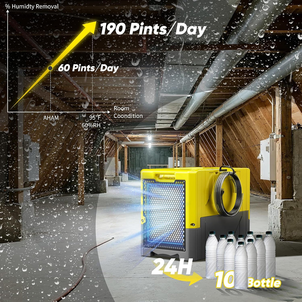 190Pints High Efficiency Commercial Dehumidifier for Basements-6000 Sq.Ft. Industrial Grade Dehumidifiers with Pump & Drain Hose for Crawl Spaces Water Damage Restoration-Light Yellow-1PC