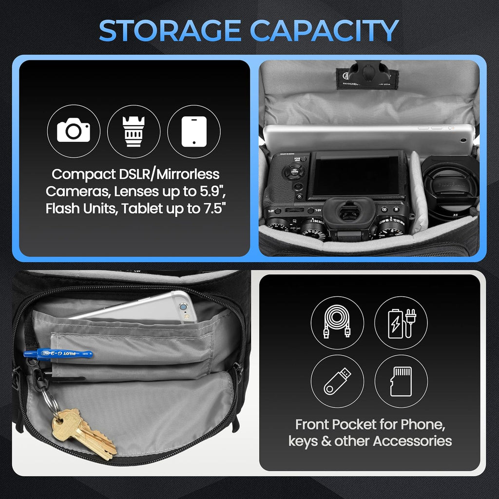 Tamrac Derechoe 3 Camera Bag for Photographers, Camera Case for Photography Accessories, Shoulder Bag for Compact DSLR and Mirrorless Cameras, Crossbody Camera Bag with Tablet Sleeve - Black