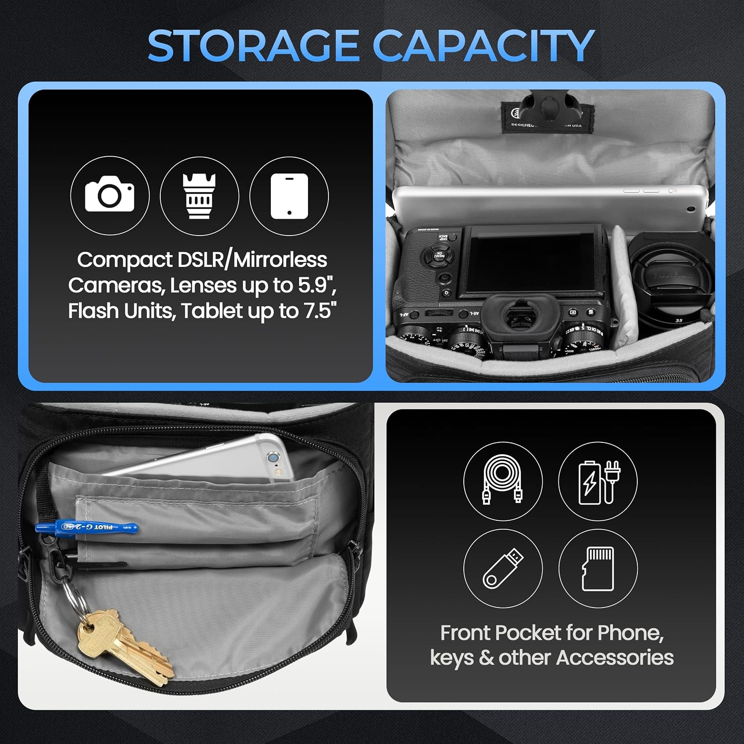 Tamrac Derechoe 3 Camera Bag for Photographers, Camera Case for Photography Accessories, Shoulder Bag for Compact DSLR and Mirrorless Cameras, Crossbody Camera Bag with Tablet Sleeve - Black