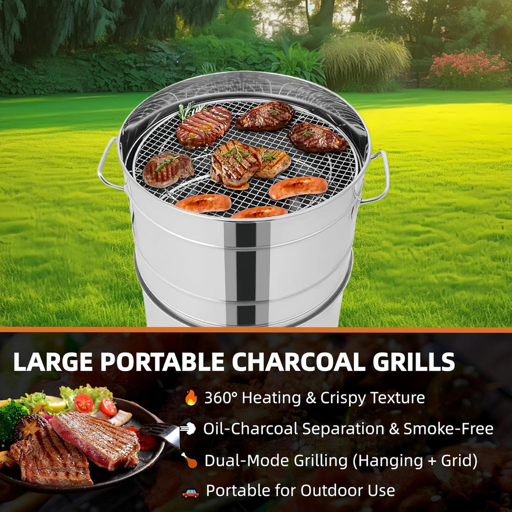 2-in-1 Vertical Smoker Barrel Grill, Portable Charcoal BBQ 360° Smokeless Stainless Steel BBQ Grill Barrel for Outdoor Barbecue, Camping, And Backyard Cooking (Large-50 Skewers)