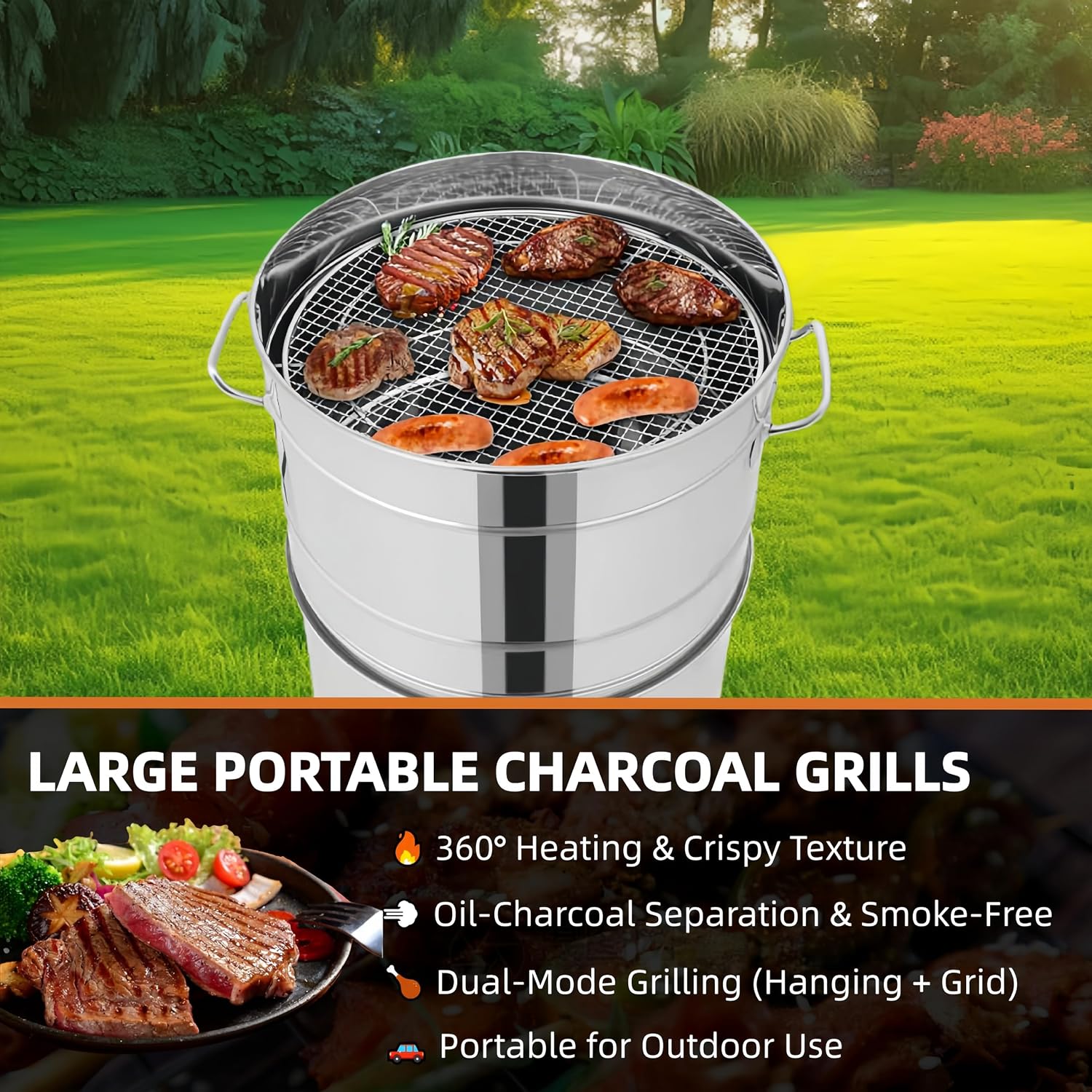 2-in-1 Vertical Smoker Barrel Grill, Portable Charcoal BBQ 360° Smokeless Stainless Steel BBQ Grill Barrel for Outdoor Barbecue, Camping, And Backyard Cooking (Large-50 Skewers)