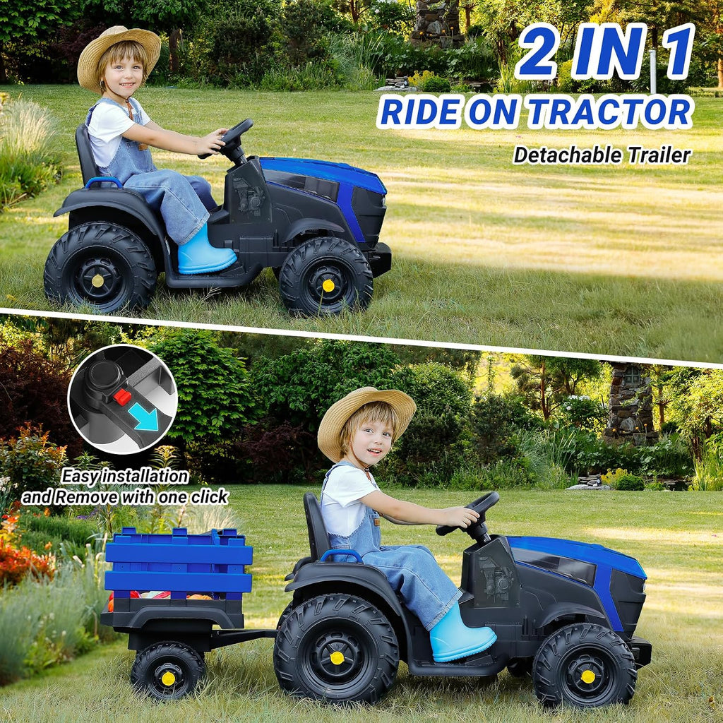 ELEMARA 24V 9AH Kids Ride on Tractor with Easy Detachable Trailer,Electric Vehicles Ride On Tractor Car for Big Kid,400W Ride on Toys with Shovel,All-Terrain Capability,for Ages 3+, Music, Navy