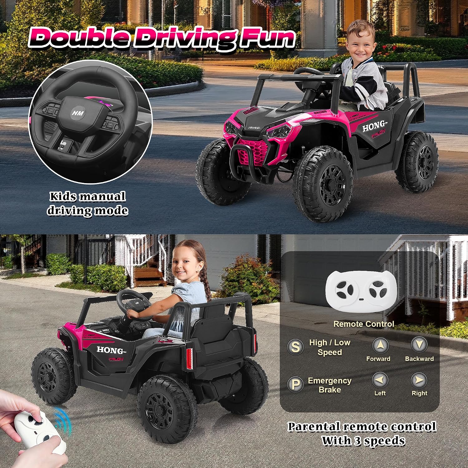 12V Kids Electric Car, Ride on Car Truck with Remote Control, LED Lights, 3 Speed Adjustable, Music, Safety Belt, Soft Start, Horn, Ride on Toys for Toddlers Boys Girls 3-6, Pink