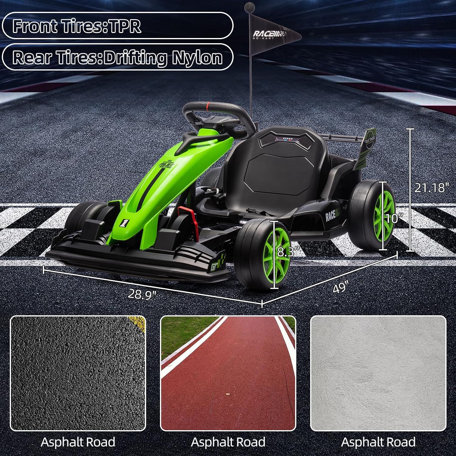 GarveeLife 24V Kids Ride on Go Kart, 7.5 mph Variable High Speed Drifting Car, 7ah Battery 200W*2 Motors,Ajustable Legroom for Kids Grows, Max Load 135 LBS, Power Display Racing Toy for 6+,Green