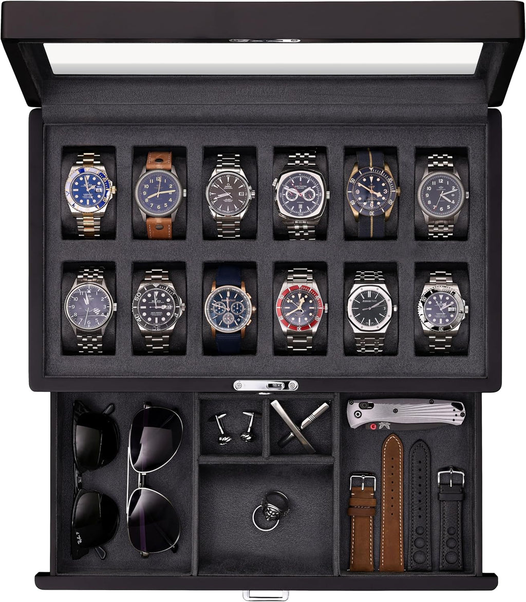 ROTHWELL 12-Slot Matte Black Watch Box with Valet Drawer - Premium Jewelry Display Case Organizer with Locking Glass Top and Microsuede Liner for Men & Women (Carbon Interior)