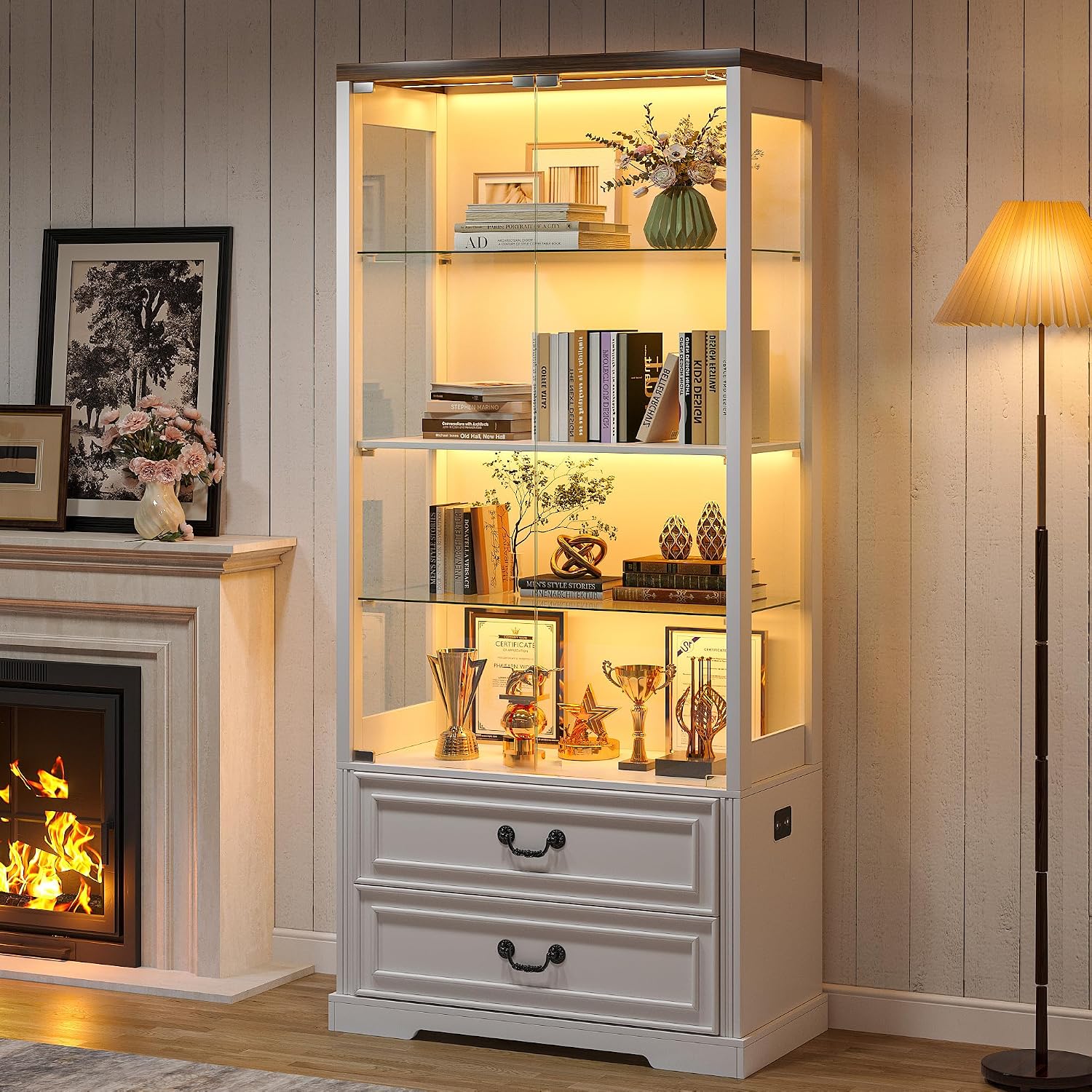 TAGELIER 67' Tall Display Cabinet with Glass Doors and 2 Drawers, Stable Wooden Frame Curio Cabinet with Smart Human Sensor, Led Display Cases for Collectibles and Books, Living Room Office (White)