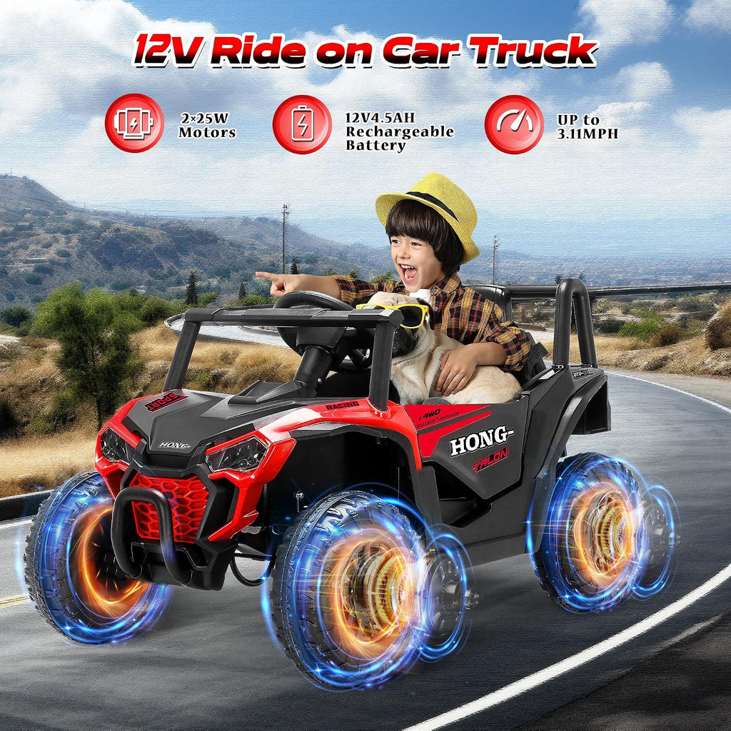 12V Kids Electric Car, Ride on Car Truck with Remote Control, LED Lights, 3 Speed Adjustable, Music, Safety Belt, Soft Start, Horn, Ride on Toys for Toddlers Boys Girls 3-6, Red