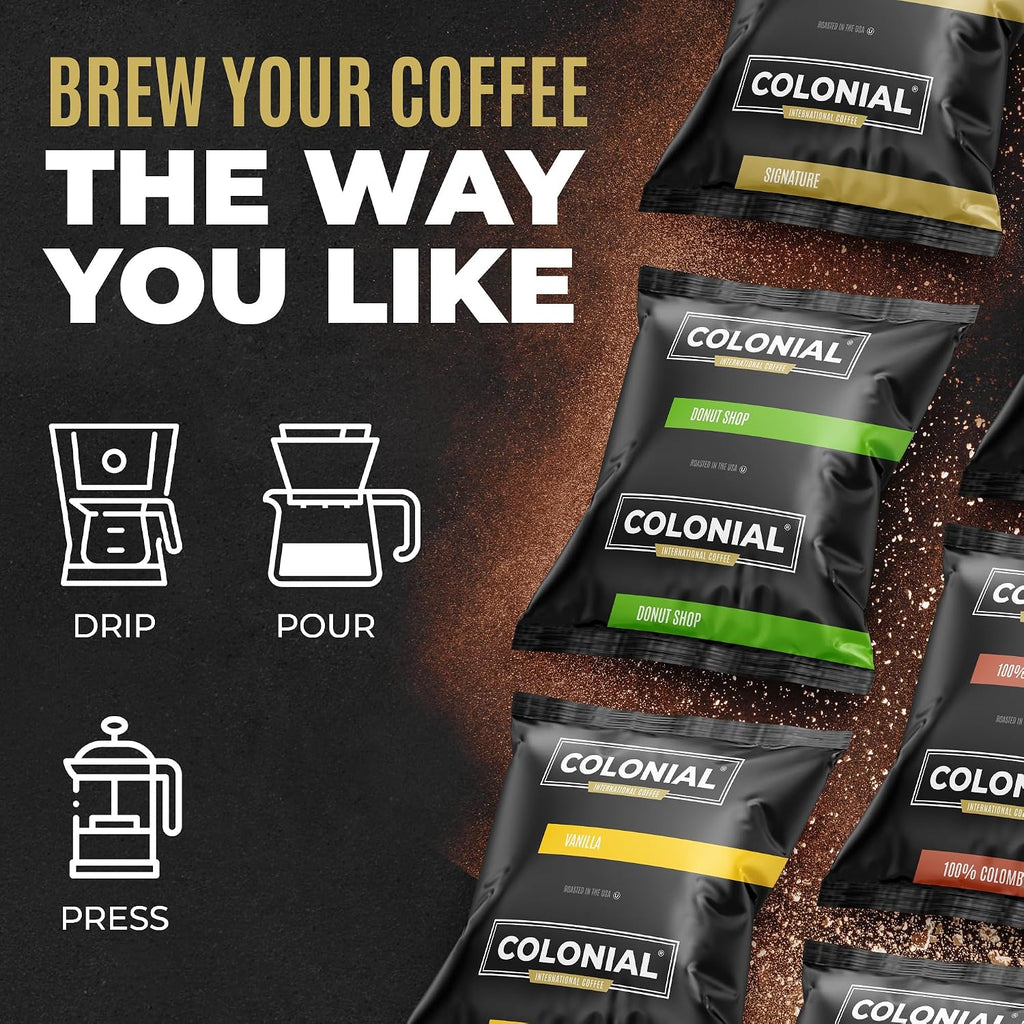 Colonial Coffee Packets, Pre Ground Coffee Packs, Colombian Medium Roast, 2.5 Ounce (Pack of 80)
