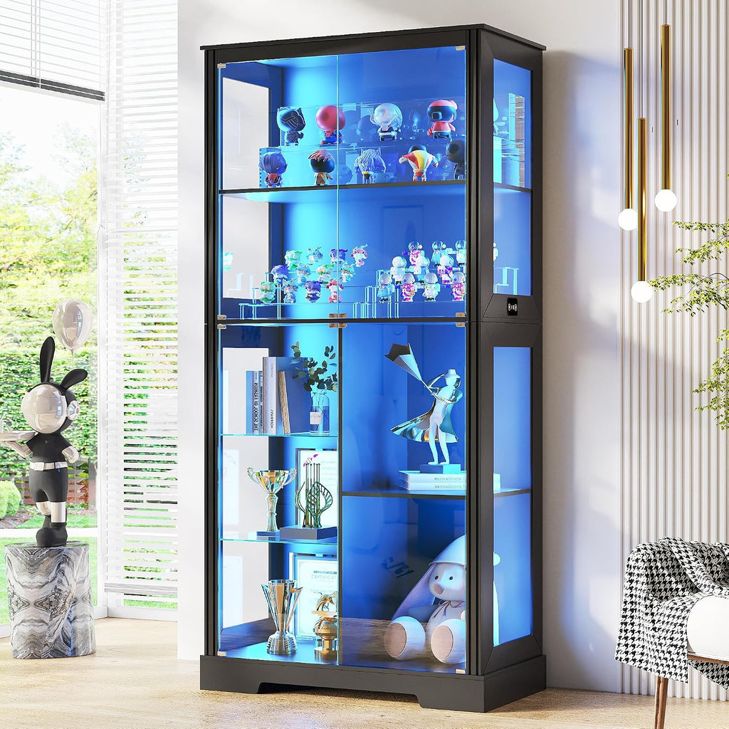 Lvifur 71' Display Cabinet with Glass Doors, Modern Curio Cabinet with 3 Color Lights, 7-Tiers Glass Display Cases for Collectibles, Tall Lego Storage Cabinet with Human Body Sensor (Black)