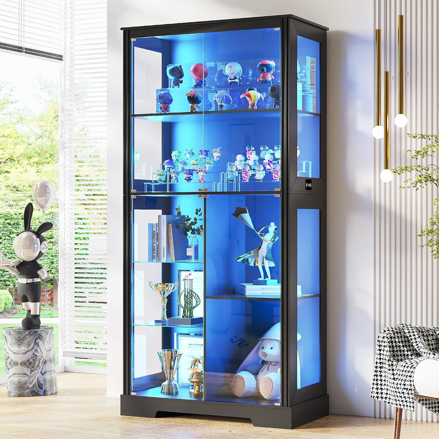 Lvifur 71' Display Cabinet with Glass Doors, Modern Curio Cabinet with 3 Color Lights, 7-Tiers Glass Display Cases for Collectibles, Tall Lego Storage Cabinet with Human Body Sensor (Black)