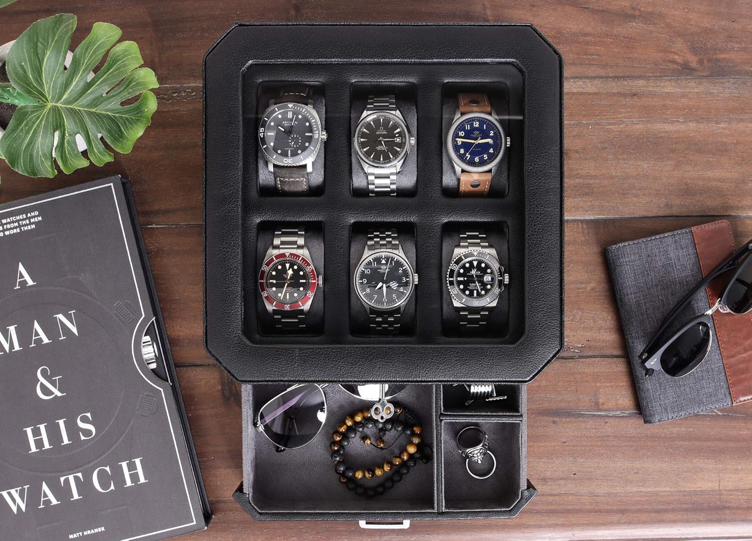 ROTHWELL Gift Set 6 Slot Leather Watch Box and 2 Watch Travel Case - Luxury Case Organizer, Microsuede Liner, Locking Mens Jewelry Watches Holder, Storage Boxes Glass Top (Black/Grey Gift Set)