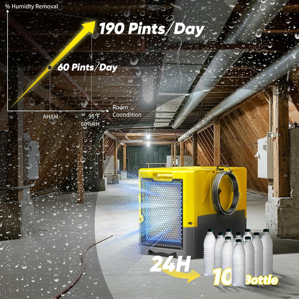 190Pints High Efficiency Commercial Dehumidifier for Basements-6000 Sq.Ft. Industrial Grade Dehumidifiers with Pump & Drain Hose for Crawl Spaces Water Damage Restoration-Auto Defrost, Memory Starting