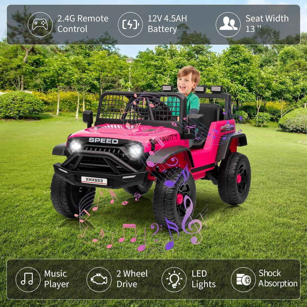 GarveeLife 12V Kids Ride on Car Truck, Kids Electric Vehicles Car Ride on Toy Extra Wide Seat and Legroom for Toddlers with Remote Control, 3 Speeds, LED Light, Music, USB for Children 3-6 Years, Rosy