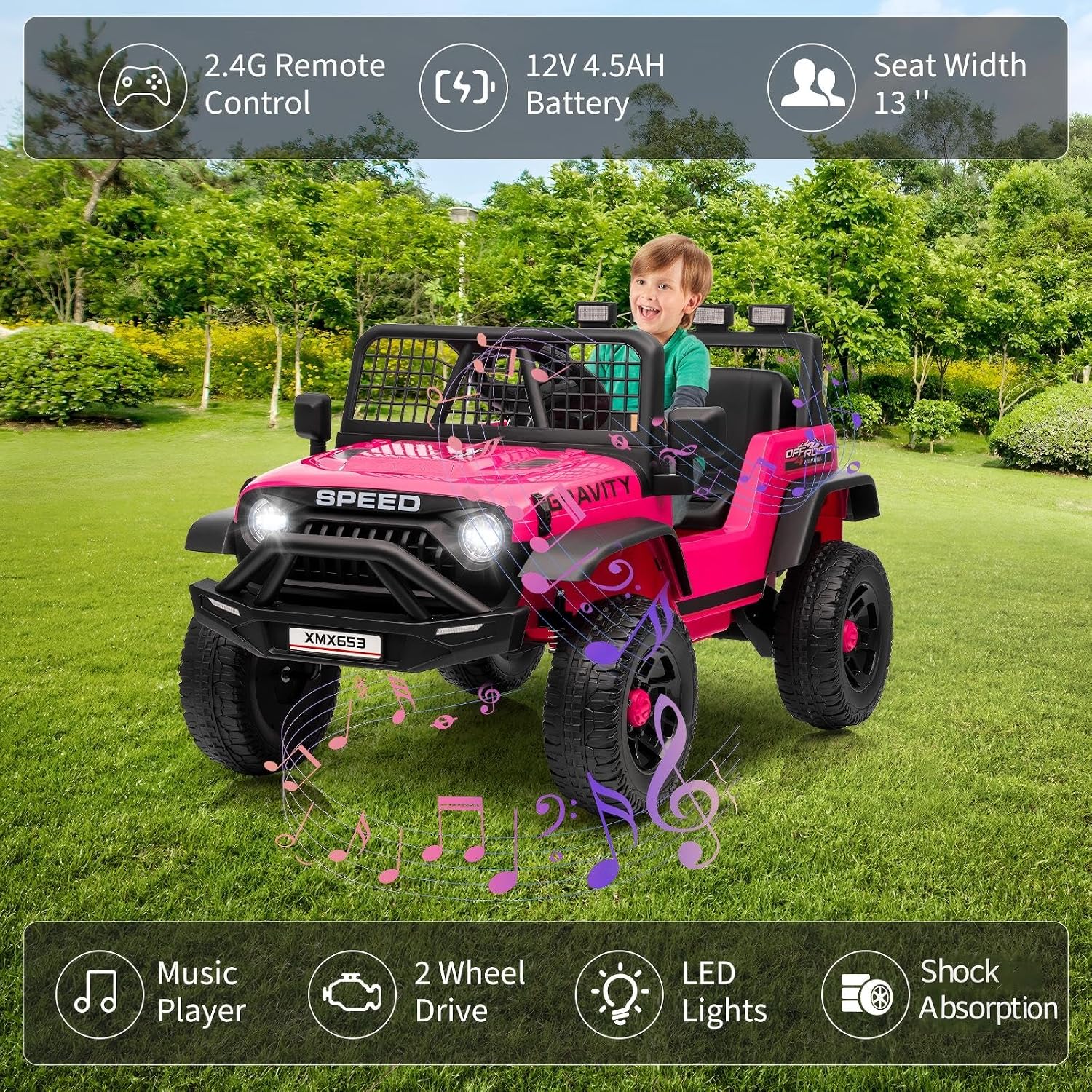 GarveeLife 12V Kids Ride on Car Truck, Kids Electric Vehicles Car Ride on Toy Extra Wide Seat and Legroom for Toddlers with Remote Control, 3 Speeds, LED Light, Music, USB for Children 3-6 Years, Rosy