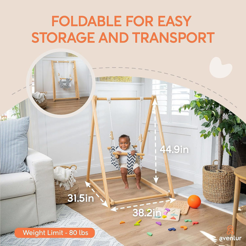 Avenlur Spruce Baby and Toddler Swing with Stand - Foldable Baby Swing - with Seat Belt and Padded Pillow - Free Standing Toddler Swing for Children 6 Months to 3 Years - Montessori and Waldorf Style