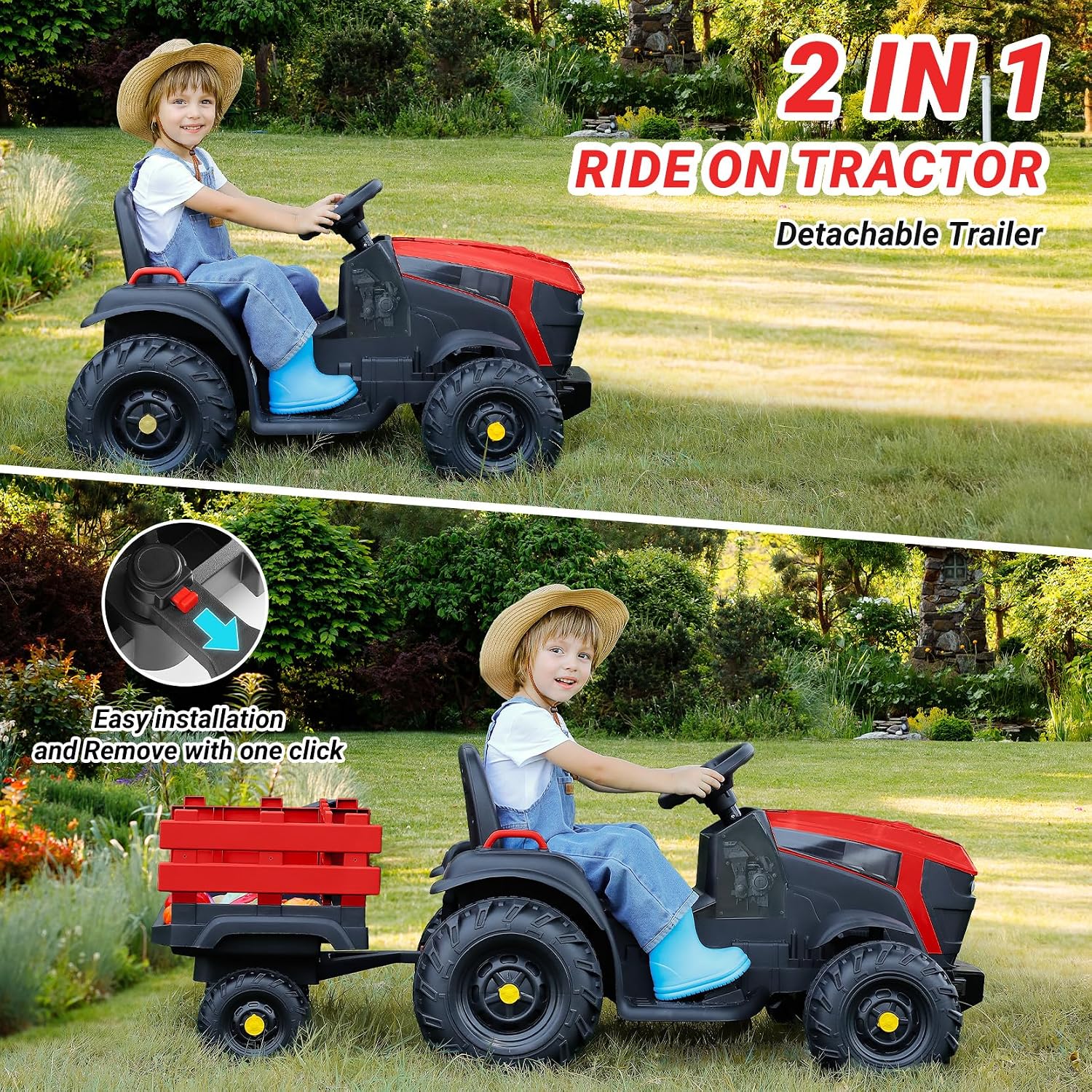 ELEMARA 24V 9AH Ride on Tractor Toys for Big Kids with Easy Detachable Trailer, 400W Electric Vehicles car, All-Terrain Capability, 3 Point Seat Belt for Ages 3+, Max 4.5 mph, Music, Deep Red