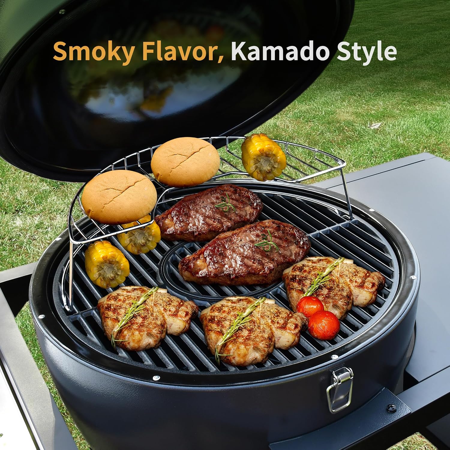 Brand-Man Charcoal Grill & Smoker Steel Kamado - 22' Cast Iron Grates, Grilling Basket, Large Prep Table Cart, Ideal for Outdoor Cooking