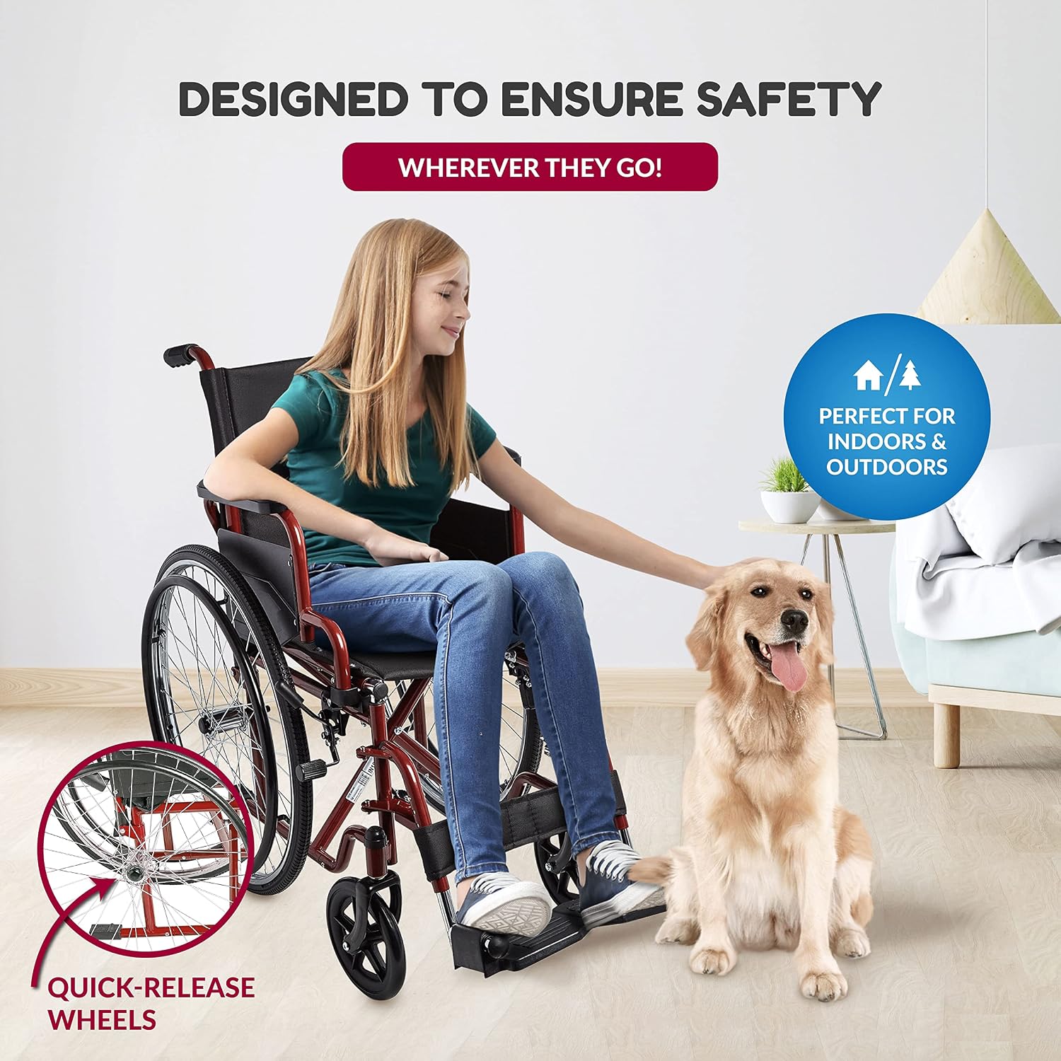 Ziggo 14' Seat Width Pediatric Wheelchair for Kids & Children, Lightweight, Manual Folding Wheelchair w/Safety Belt, Swing-Away Foot Support w/Straps, Desk Length Arm Rests