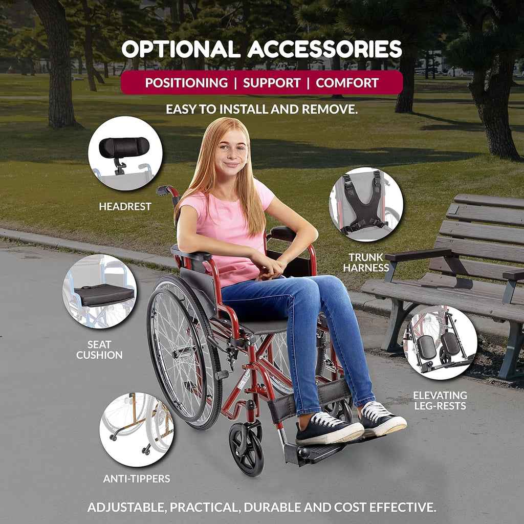 Ziggo 14' Seat Width Pediatric Wheelchair for Kids & Children, Lightweight, Manual Folding Wheelchair w/Safety Belt, Swing-Away Foot Support w/Straps, Desk Length Arm Rests