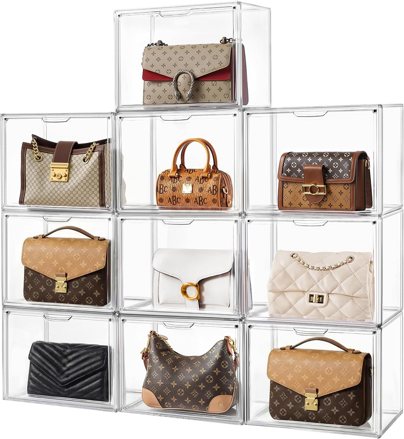 HBlife 10 Pack Purse Storage Organizer for Closet, Large Clear Stackable Handbag Display Case Box with Magnetic Door for Collectibles, Cosmetics, Women Heels and Toys