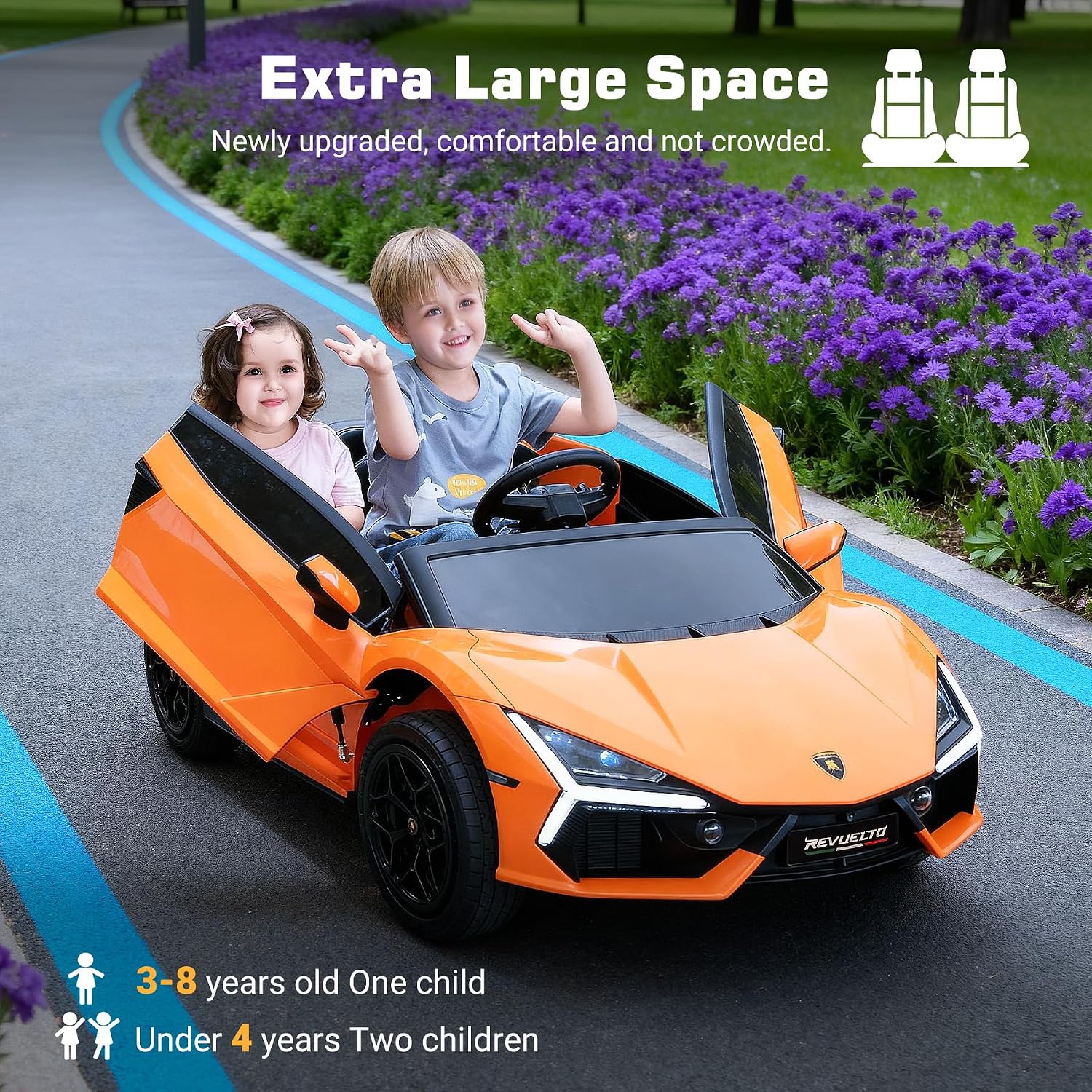 Oryxearth 2-Seater Ride on Car 24V Electric Lamborghini for Kids, 2WD with PU Leather Seats w/Adjustable Safety Belt, 2 Speeds Mode, Bluetooth, Remote Control, Gifts for Children