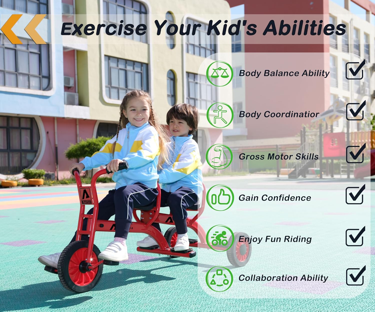 Kids Tricycles for Preschoolers Ages 3+, Ideal Outdoor Playground & Daycare Yard Trike with Passenger Seat, Durable Metal Pedal Kids Tandem Tricycles, Sturdy Carbon Steel Frame, Solid Rubber Tires
