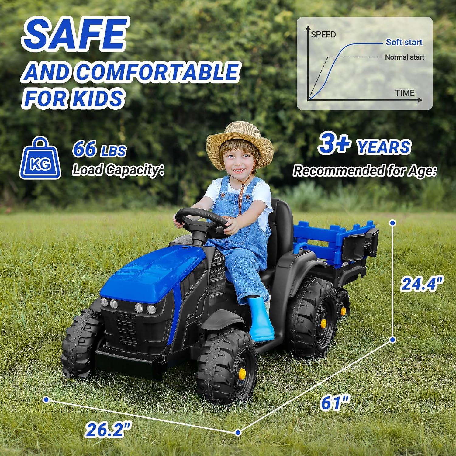 ELEMARA 24V 9AH Kids Ride on Tractor with Easy Detachable Trailer,Electric Vehicles Ride On Tractor Car for Big Kid,400W Ride on Toys with Shovel,All-Terrain Capability,for Ages 3+, Music, Navy