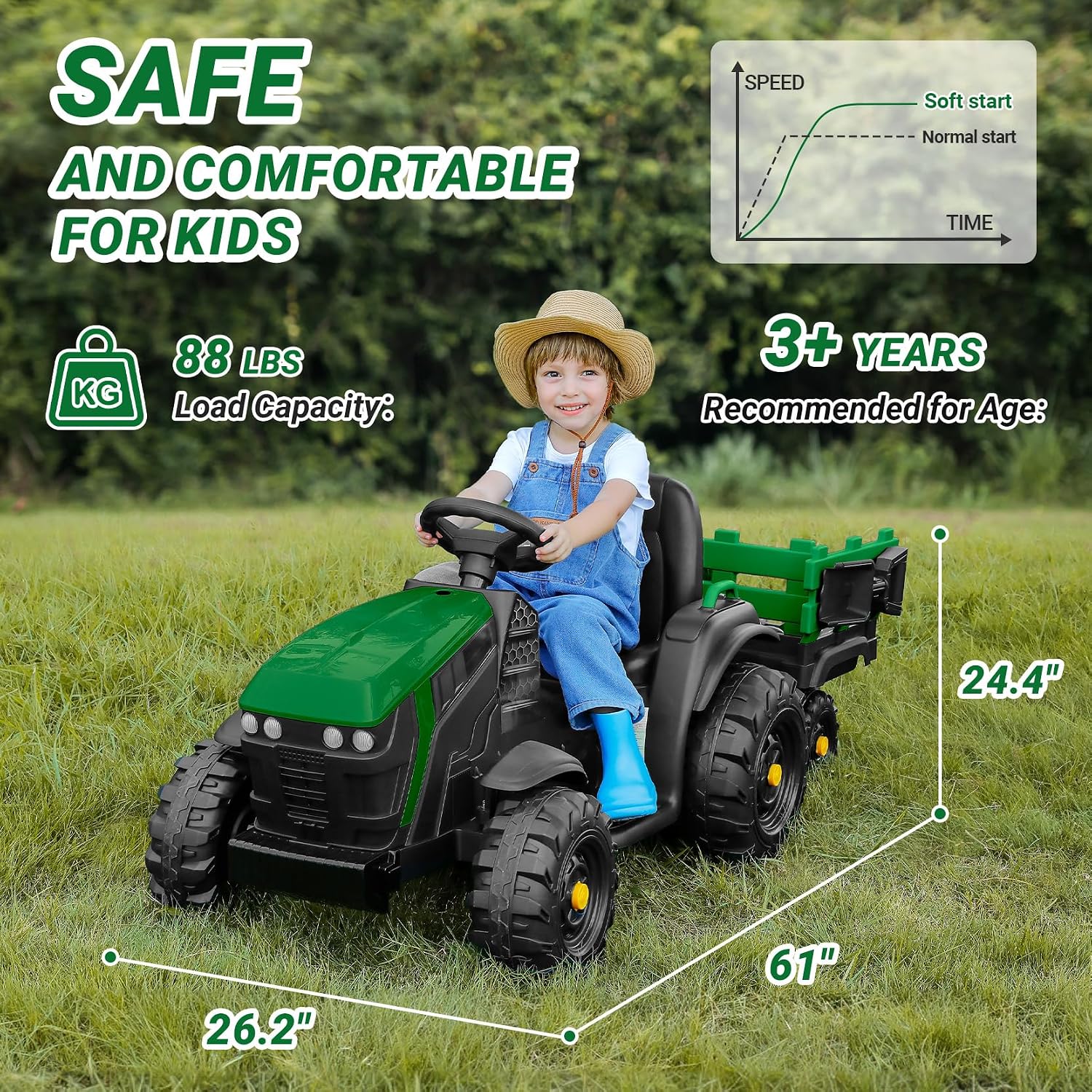ELEMARA 24V 9AH Ride on Tractor with Easy Detachable Trailer, 400W Motors Electric Tractor Toy for Big Kids, All-Terrain Capability, Safety Design with 3-Point Seat Belt for Ages 3+, Green