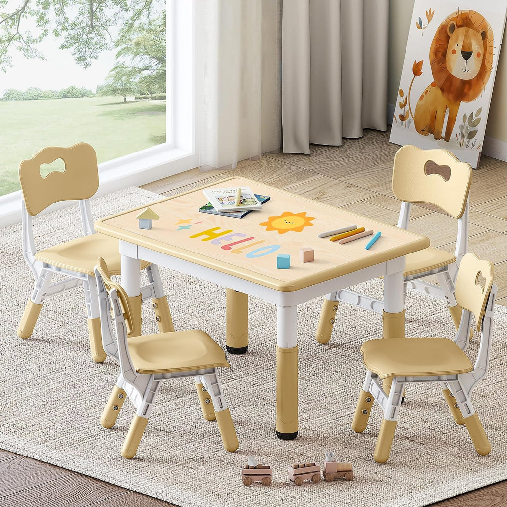 GITAWUSA Kids Study Table and Chairs Set, Height Adjustable Toddler Table and Chair Set for Kids Ages 3-8, 31.5' L x 23.6' W Graffiti Desktop Plastic Children Art Table with 4 Seats, Brown