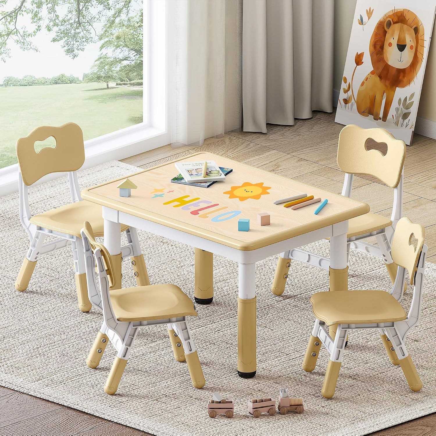 GITAWUSA Kids Study Table and Chairs Set, Height Adjustable Toddler Table and Chair Set for Kids Ages 3-8, 31.5' L x 23.6' W Graffiti Desktop Plastic Children Art Table with 4 Seats, Brown
