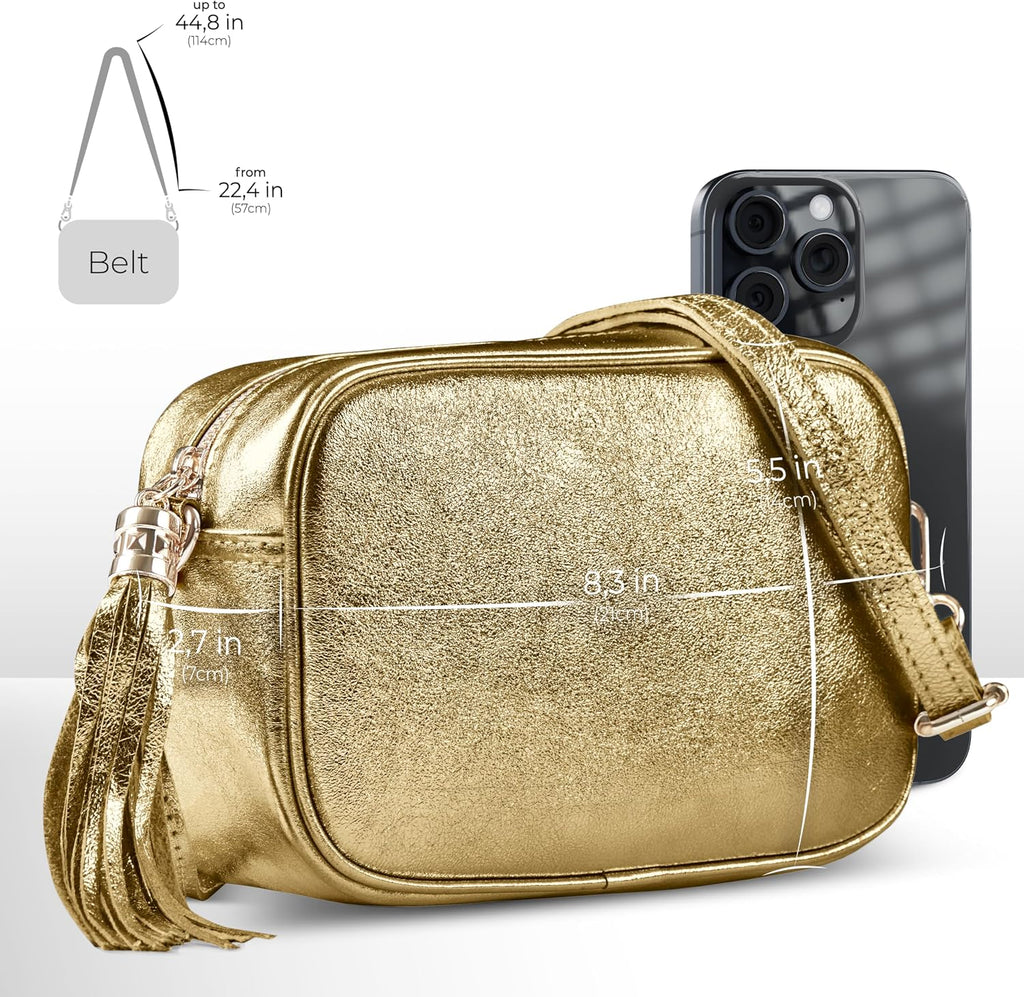 Italian Genuine Metallic Suede Crossbody Bag for Women with Zipper | Small Leather Camera Purse Shoulder Handbag Pocketbook