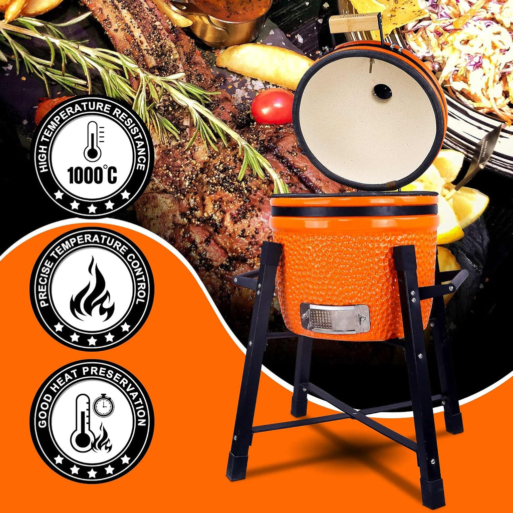 London Sunshine Ceramic Kamado Charcoal BBQ Grill and Smoker, Stainless Steel Grates -15' Ceramic with Tall Stand (ORANGE)