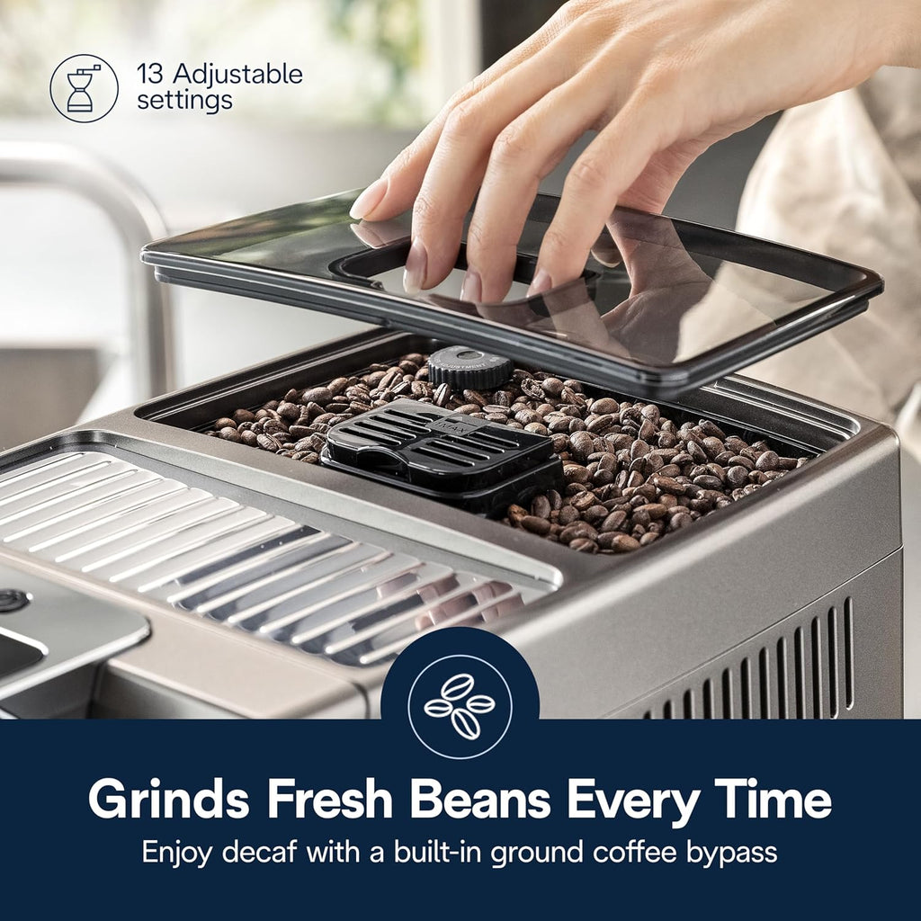De'Longhi Dinamica Plus Connected Espresso & Coffee Machine with Automatic Milk Frother, 18 Recipes, Built in Grinder, App Compatible, LatteCrema Technology for Ideal Milk Texture, Color Touch Display