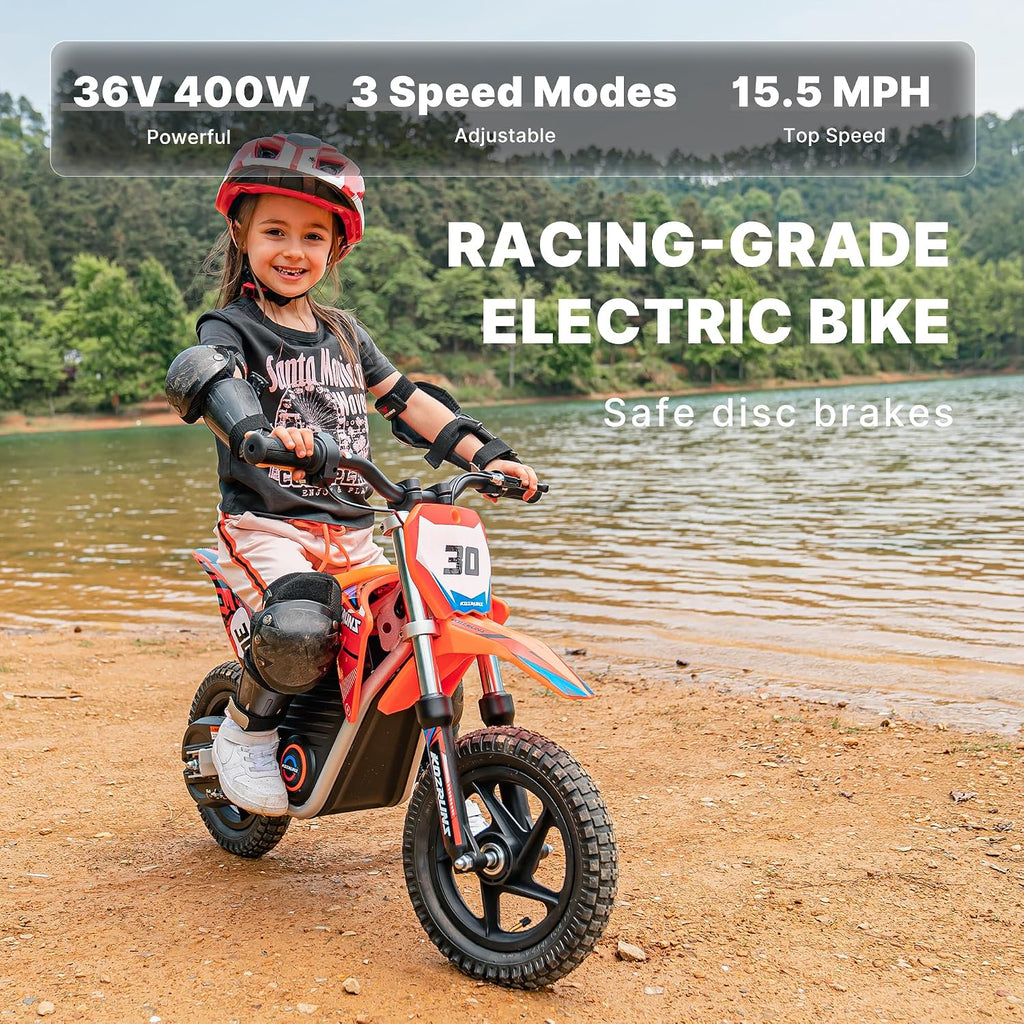 36V Racing Electric Dirt Bike for Kids, Peak 400W Powerful Motorcycle for Ages 3-6, Dual Shock Absorption, 3 Speed Modes with Safe Disc Brake, 12' Tires, Orange