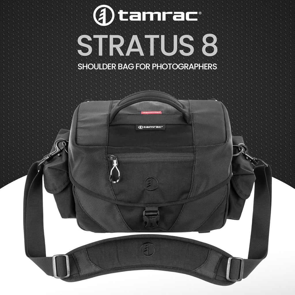 Tamrac Stratus 8 Camera Bag for Photographers, Camera Case for Photography Accessories, Shoulder Bag for DSLR and Mirrorless Cameras, Crossbody Camera Bag with Tripod Holder Strap - Black