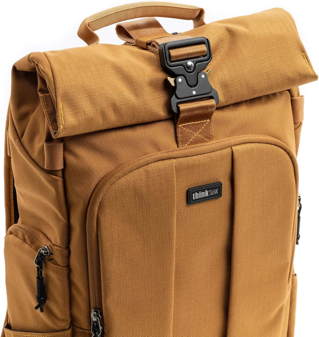 Think Tank FocusPoint 22L RollTop Camera Backpack - Golden Hour: Expandable Travel & Camera Backpack with Laptop Sleeve, Quick Side and Back Access, Rain Cover – Versatile Photography & Travel Bag