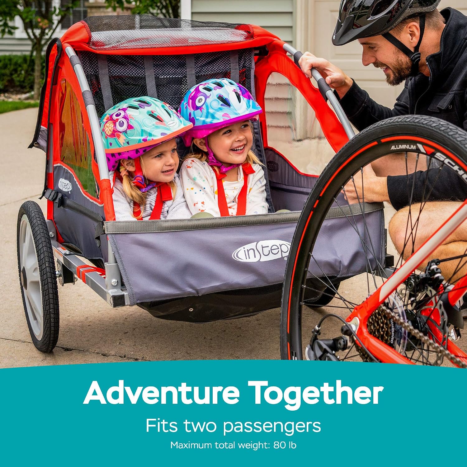 Instep Take 2 Double Seat Bike Child Trailer, Max Weight 80 lbs., 5-Point Harness, Folding Frame, Quick Release Wheels, Bug Screen & Weather Shield, Red