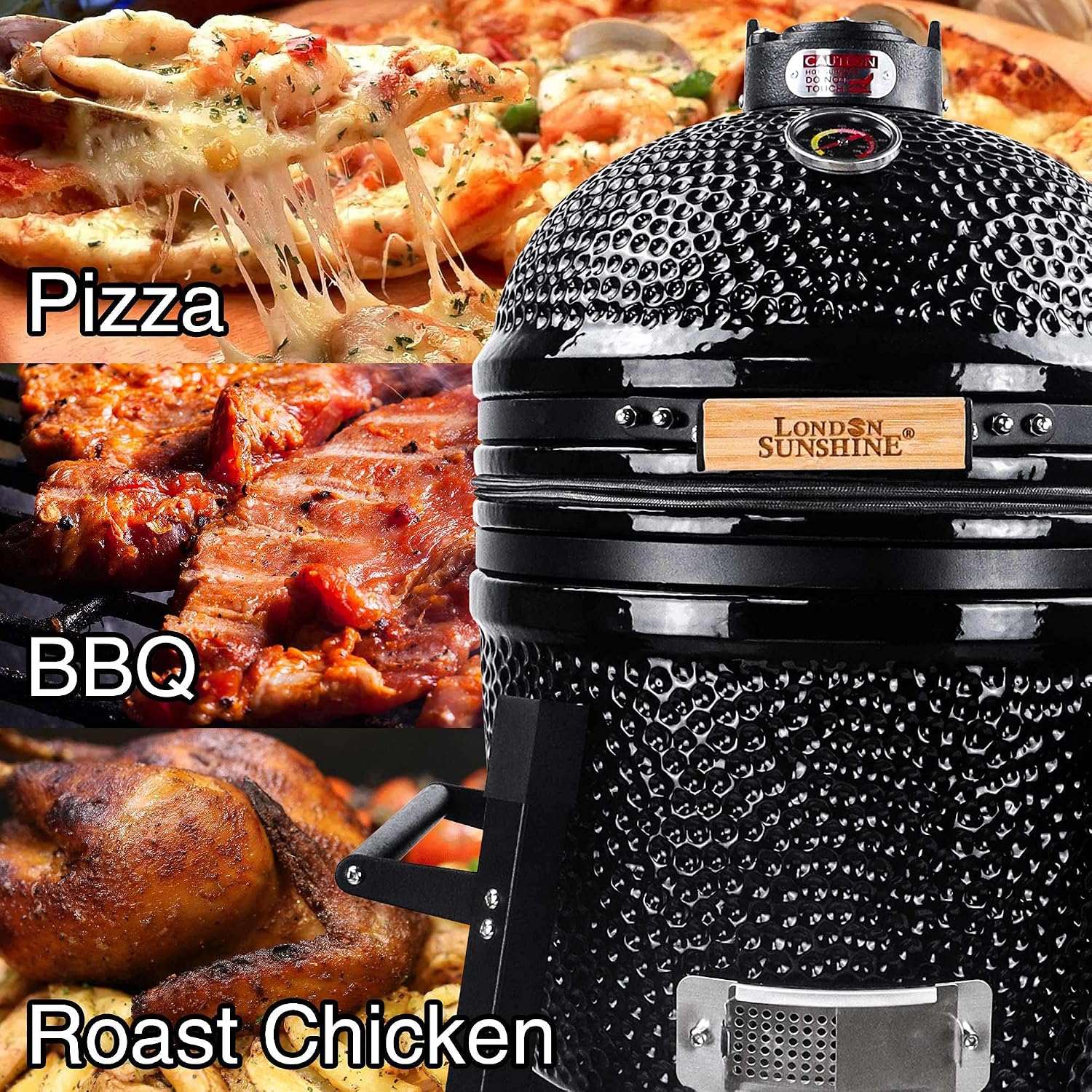 London Sunshine Ceramic Kamado Charcoal BBQ Grill and Smoker, Stainless Steel Grates -15' Ceramic with Tall Stand (BLACK)