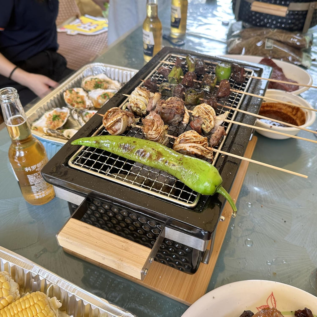 Yakitori Ceramic Charcoal Grill, Japanese Style Tabletop BBQ With Bamboo Heat Shield For Indoor/Outdoor, Square, 16'x9'