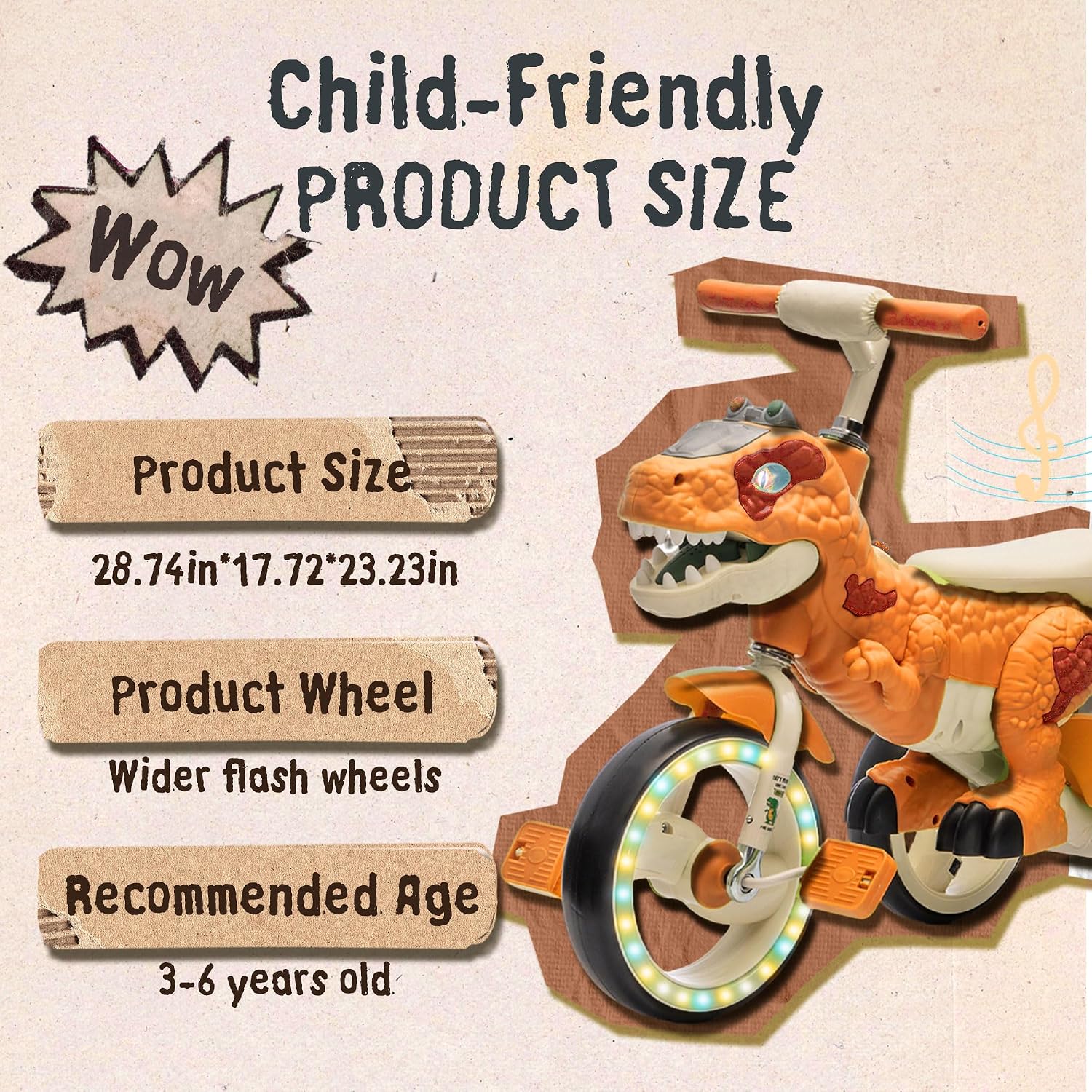Dinosaur Kids Tricycle for Rider, Toddlers Kid Trike Bike Big Wheel with Wide Flash Wheels, Anti-Slip Pedals, Storage Basket, Music & LED Lights, Kids Bike for 3-6 Year Old Girls & Boys (Orange)