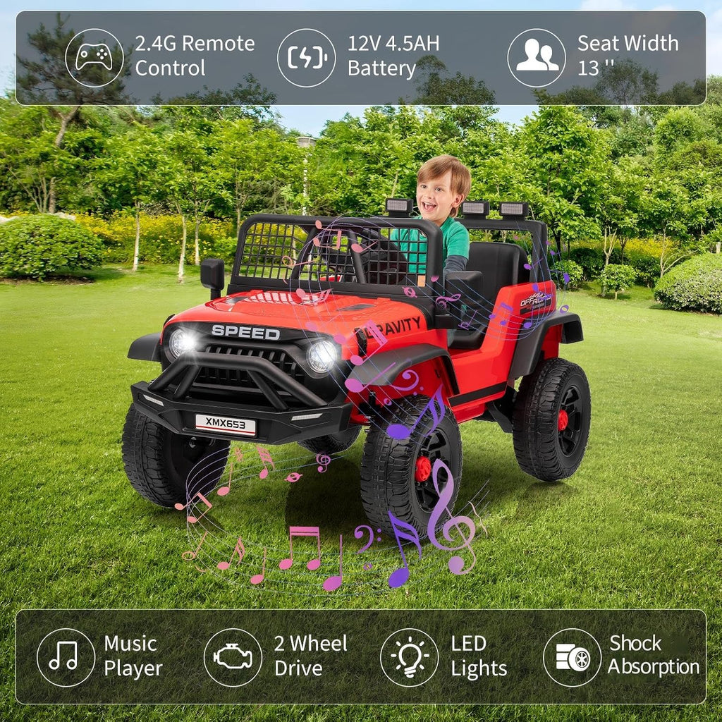 GarveeLife 12V Kids Ride on Car Truck, Kids Electric Vehicles Car Ride on Toy Extra Wide Seat and Legroom for Toddlers with Remote Control, 3 Speeds, LED Light, Music, USB for Children 3-6 Years, Red