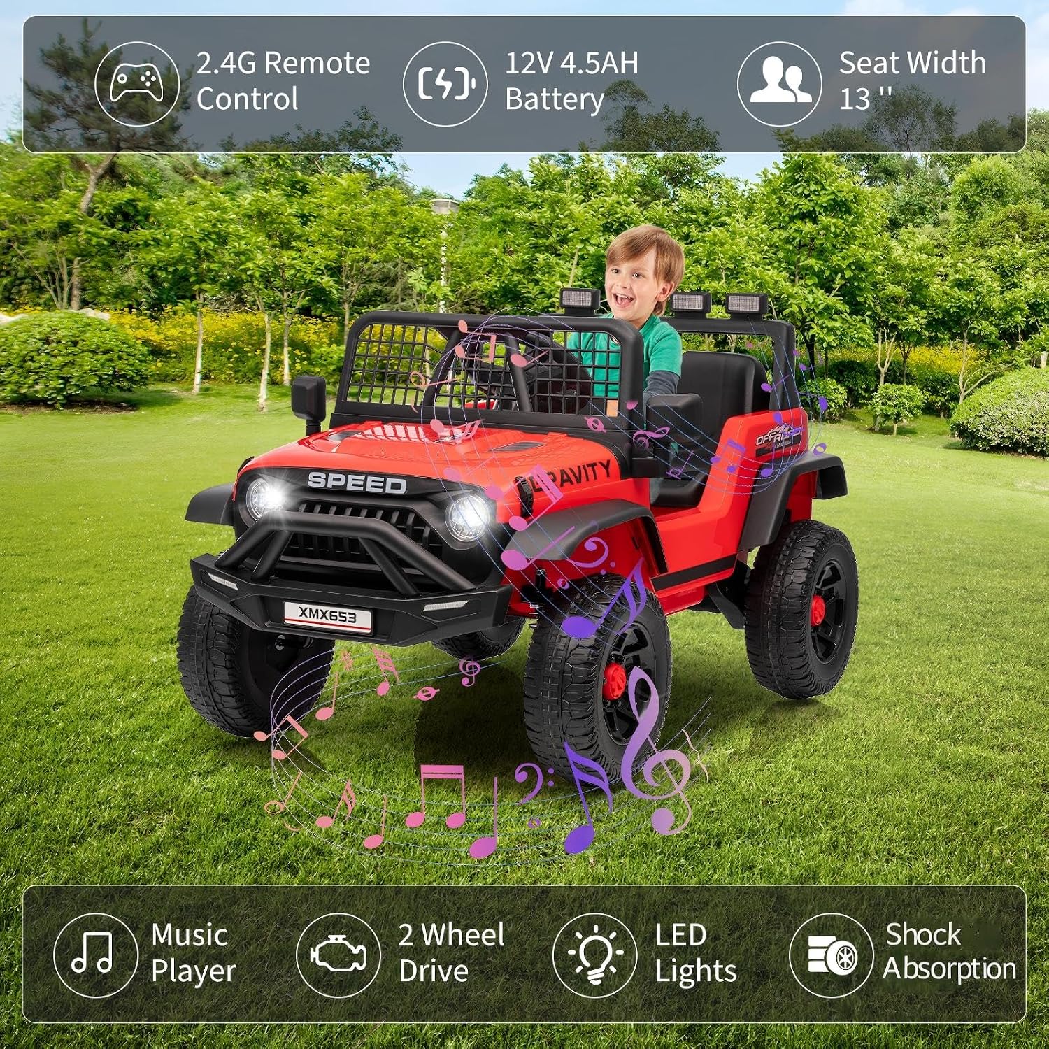 GarveeLife 12V Kids Ride on Car Truck, Kids Electric Vehicles Car Ride on Toy Extra Wide Seat and Legroom for Toddlers with Remote Control, 3 Speeds, LED Light, Music, USB for Children 3-6 Years, Red