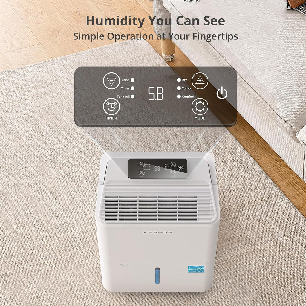 Kesnos 2,500 Sq. Ft. Energy Star 2025 Dehumidifier for Home & Basement, Ideal for Bedroom with Ultra Quiet 36 dB, 0.39-Gallon Water Tank with Drain Hose, 4 Pre-Set Modes, Auto Defrost, Timer