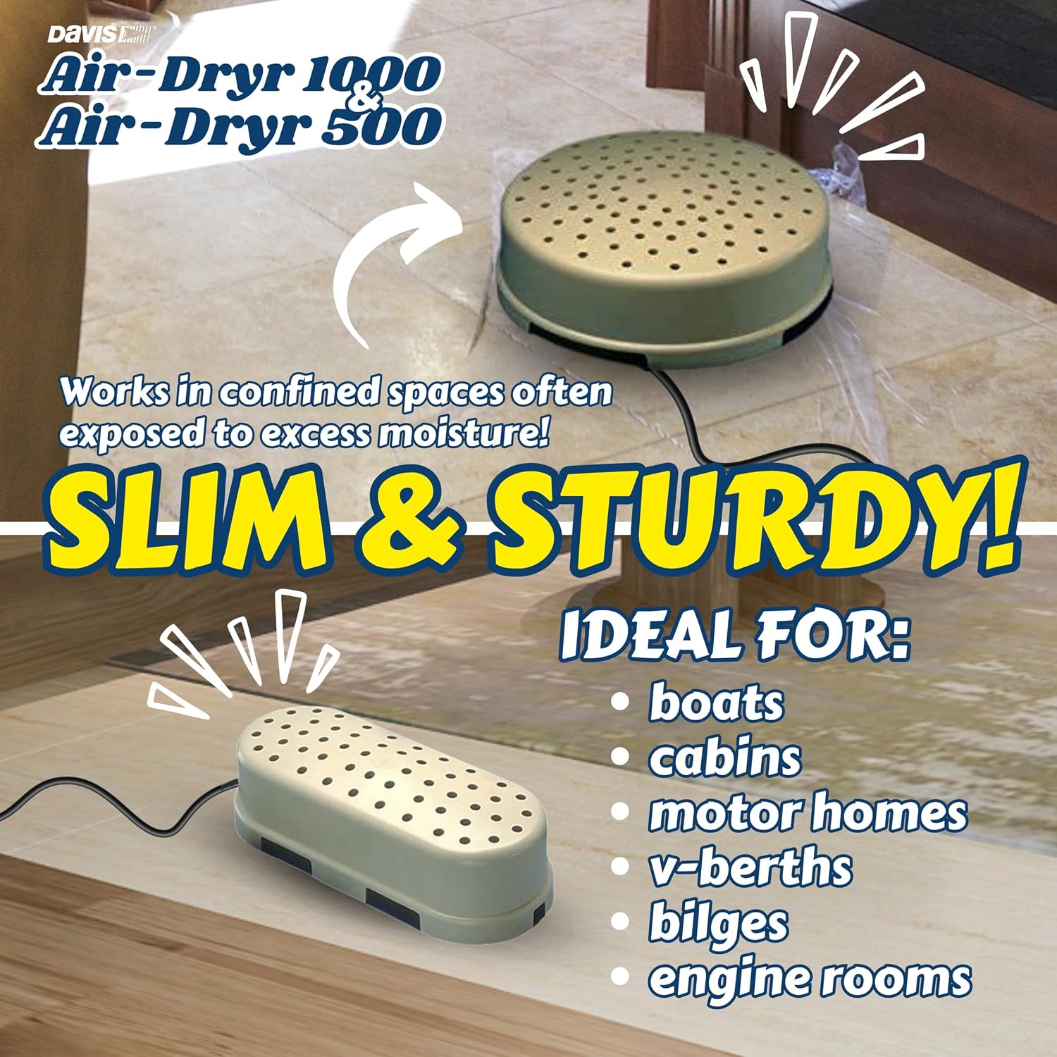 Davis Air-Dryr 500 & 1000 2 Pack Bundle - Quiet Room Dehumidifier for Moisture Problems and Wet Air Solution - Portable Dehumidifier for RV, Camper, Bathroom, Bedroom and More