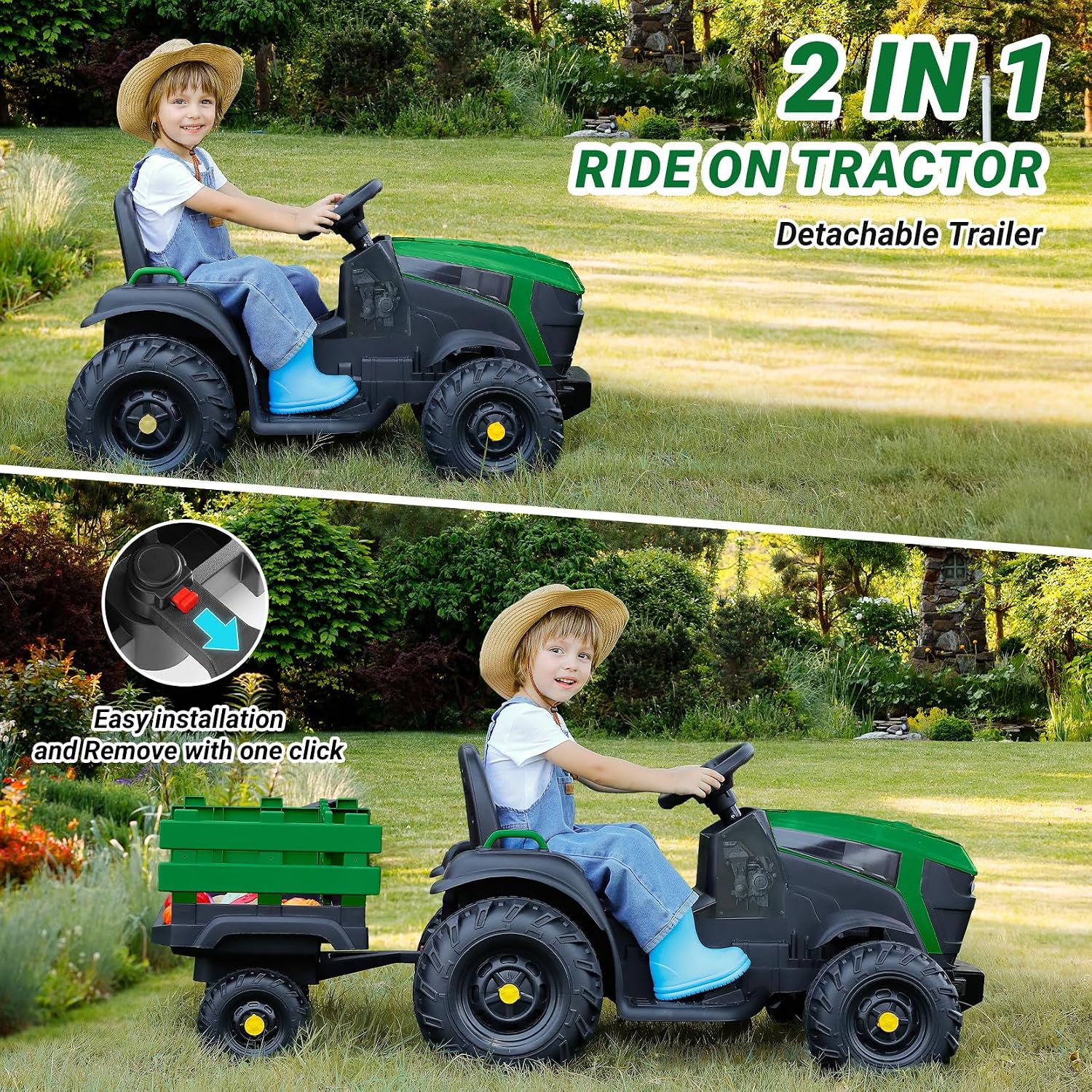 ELEMARA 24V 9AH Ride on Tractor with Easy Detachable Trailer, 400W Motors Electric Tractor Toy for Big Kids, All-Terrain Capability, Safety Design with 3-Point Seat Belt for Ages 3+, Green