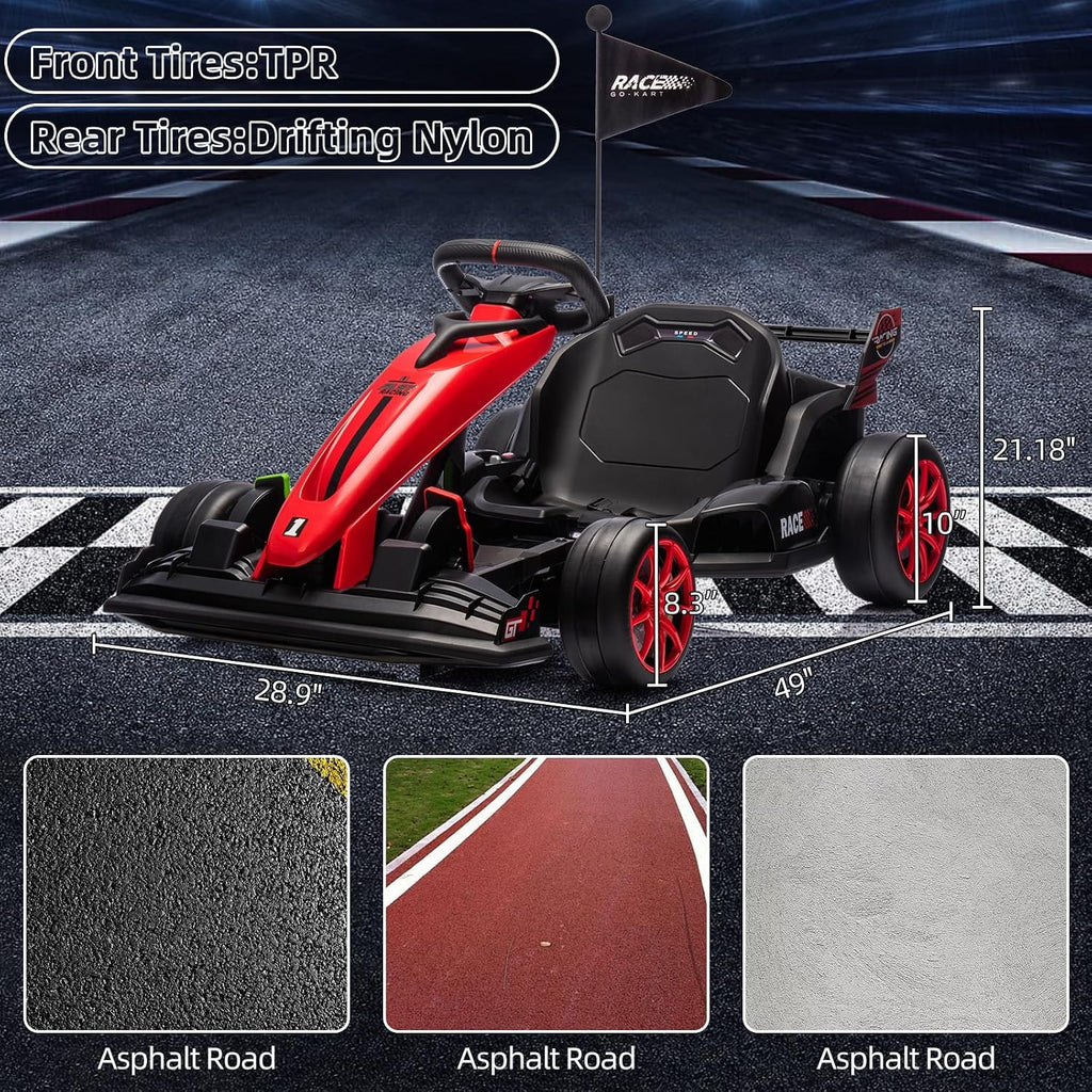 GarveeLife 24V Kids Ride on Go Kart, 7.5 mph Variable High Speed Drifting Car, 7ah Battery 200W*2 Motors,Adjustable Legroom for Kids Grows, Max Load 135 LBS, Power Display Racing Toy for 6+,Red