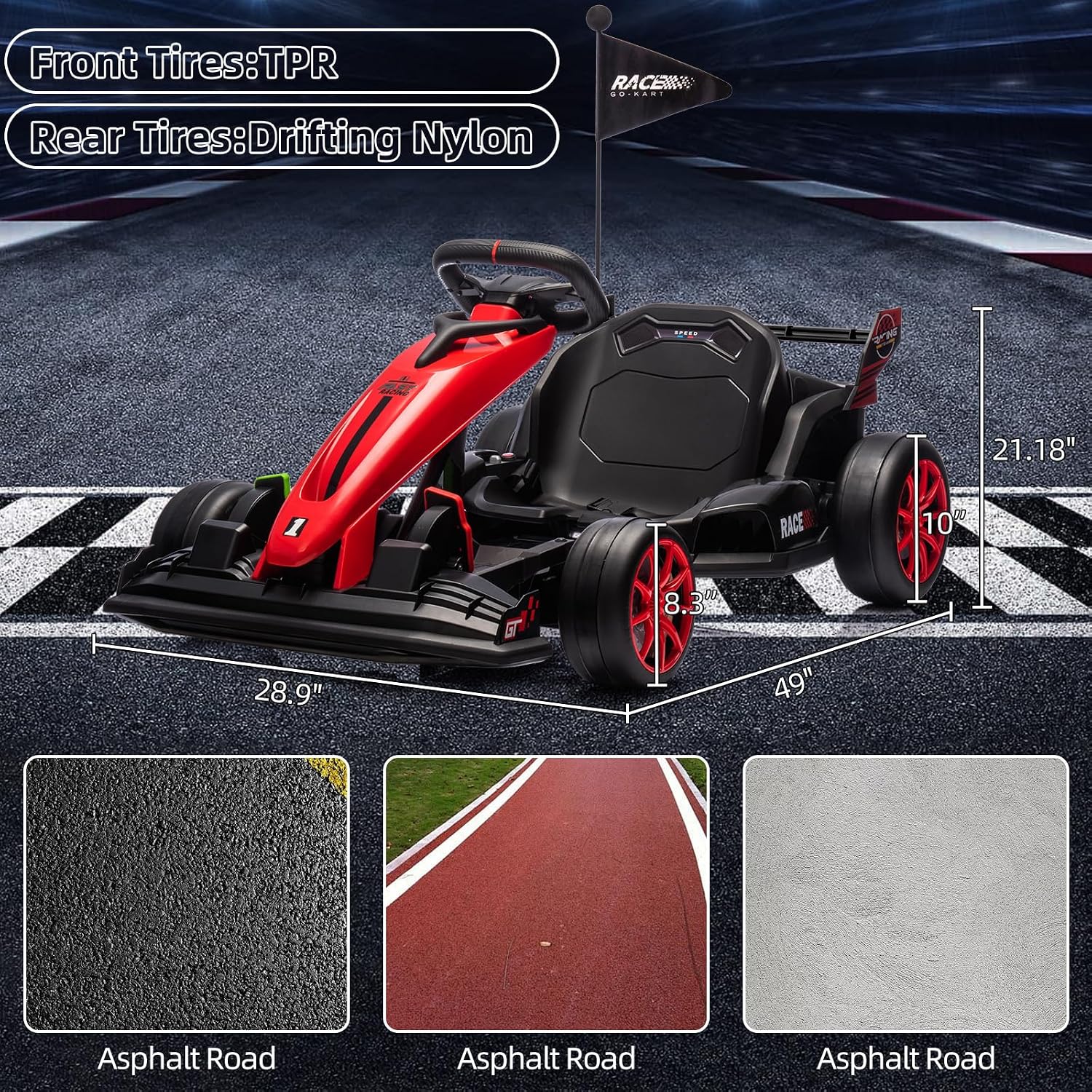 GarveeLife 24V Kids Ride on Go Kart, 7.5 mph Variable High Speed Drifting Car, 7ah Battery 200W*2 Motors,Adjustable Legroom for Kids Grows, Max Load 135 LBS, Power Display Racing Toy for 6+,Red
