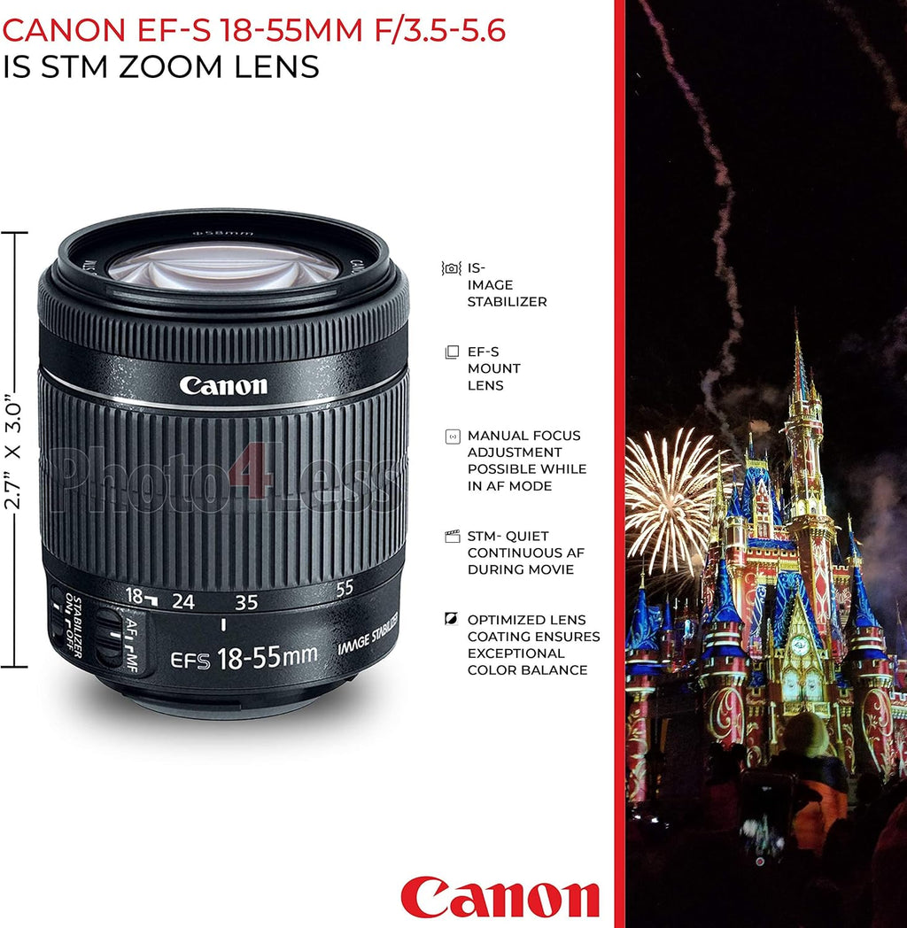 Canon EOS Rebel T7 Digital SLR Camera with EF-S 18-55mm f/3.5-5.6 is STM Lens + 64GB Memory Card + Wide Angle and Telephoto Lens + Tripod + Extra Battery + Remote + Slave Flash (Renewed)