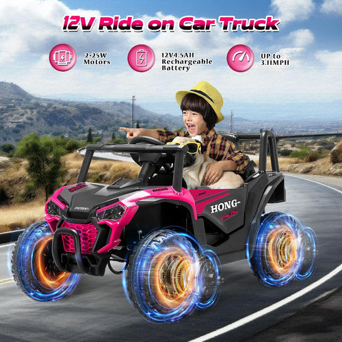 12V Kids Electric Car, Ride on Car Truck with Remote Control, LED Lights, 3 Speed Adjustable, Music, Safety Belt, Soft Start, Horn, Ride on Toys for Toddlers Boys Girls 3-6, Pink