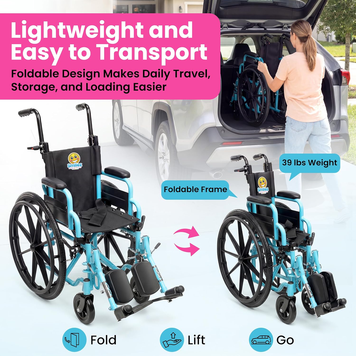 Customize Your Pediatric Wheelchair - 12' or 14' Foldable Narrow Wheelchair for Kids - Fun Colors, Cushion, Seat Belt, Anti Tippers, Padded Arm and Leg Rests, Height Adjustable Push Handles